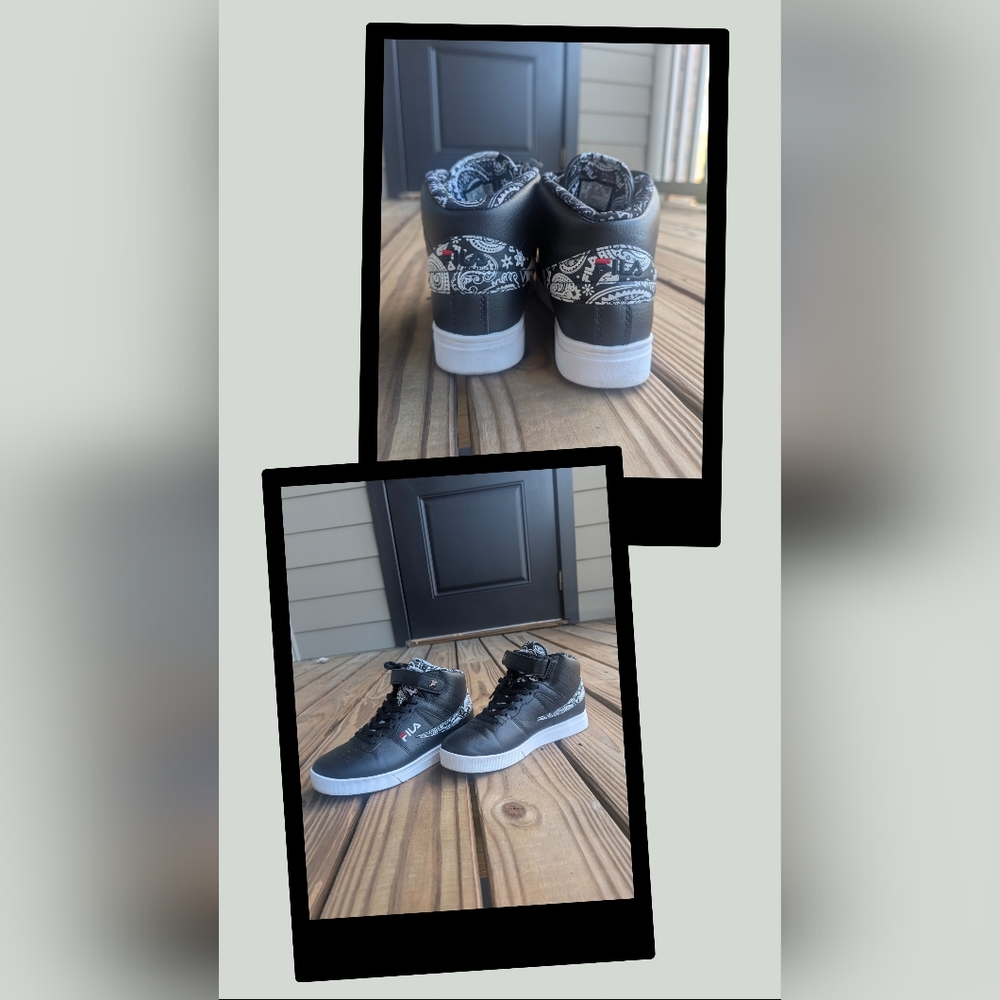 Fila Black and White High-Tops with Patterned Detail